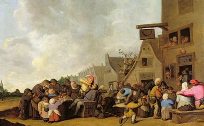 A Village Scene with a Dentist Pulling Teeth and Peasants Fighting Outside a Tavern by Peter de Bloot